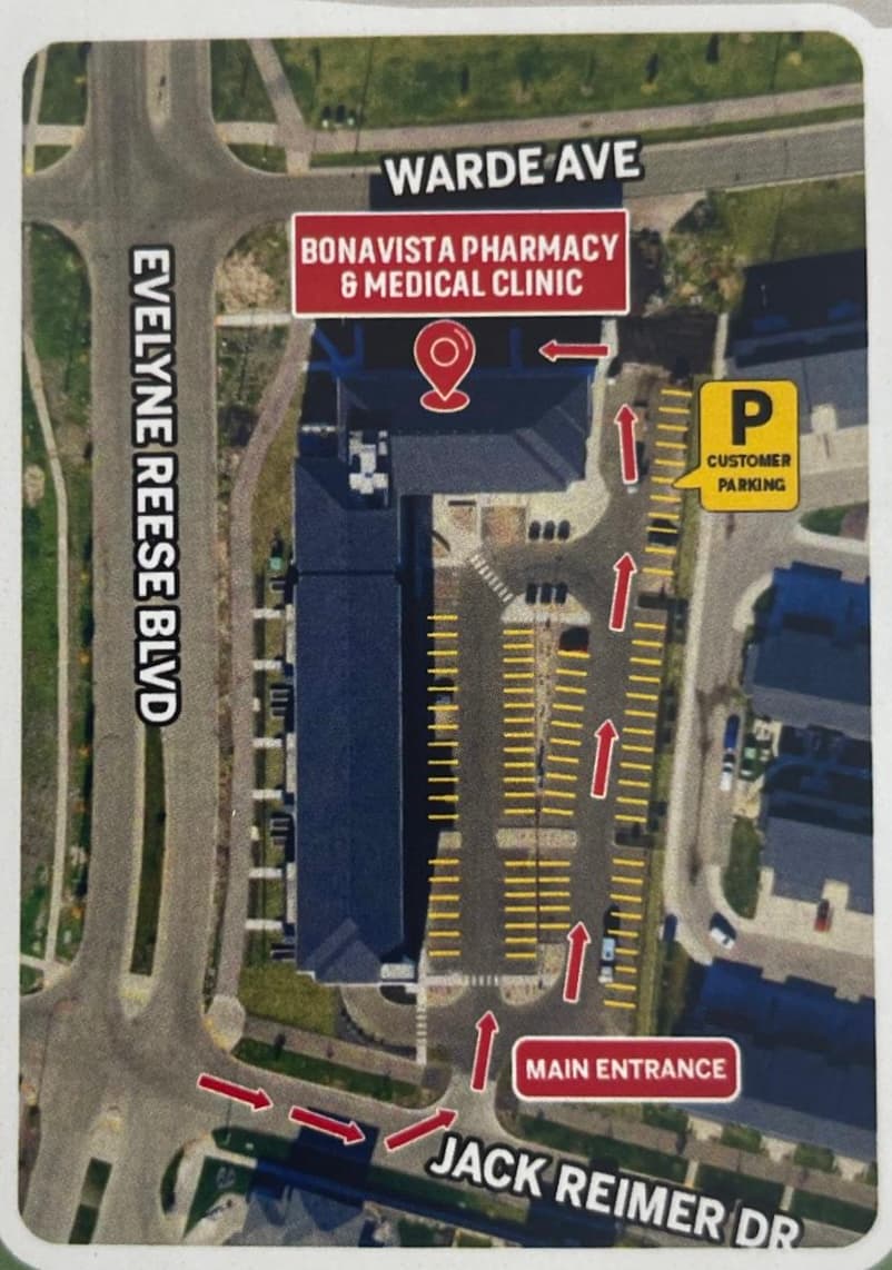 Bonavista Pharmacy location guide showing access from Jack Reimer Drive, rear parking, and the walkway to the clinic and pharmacy entrance.