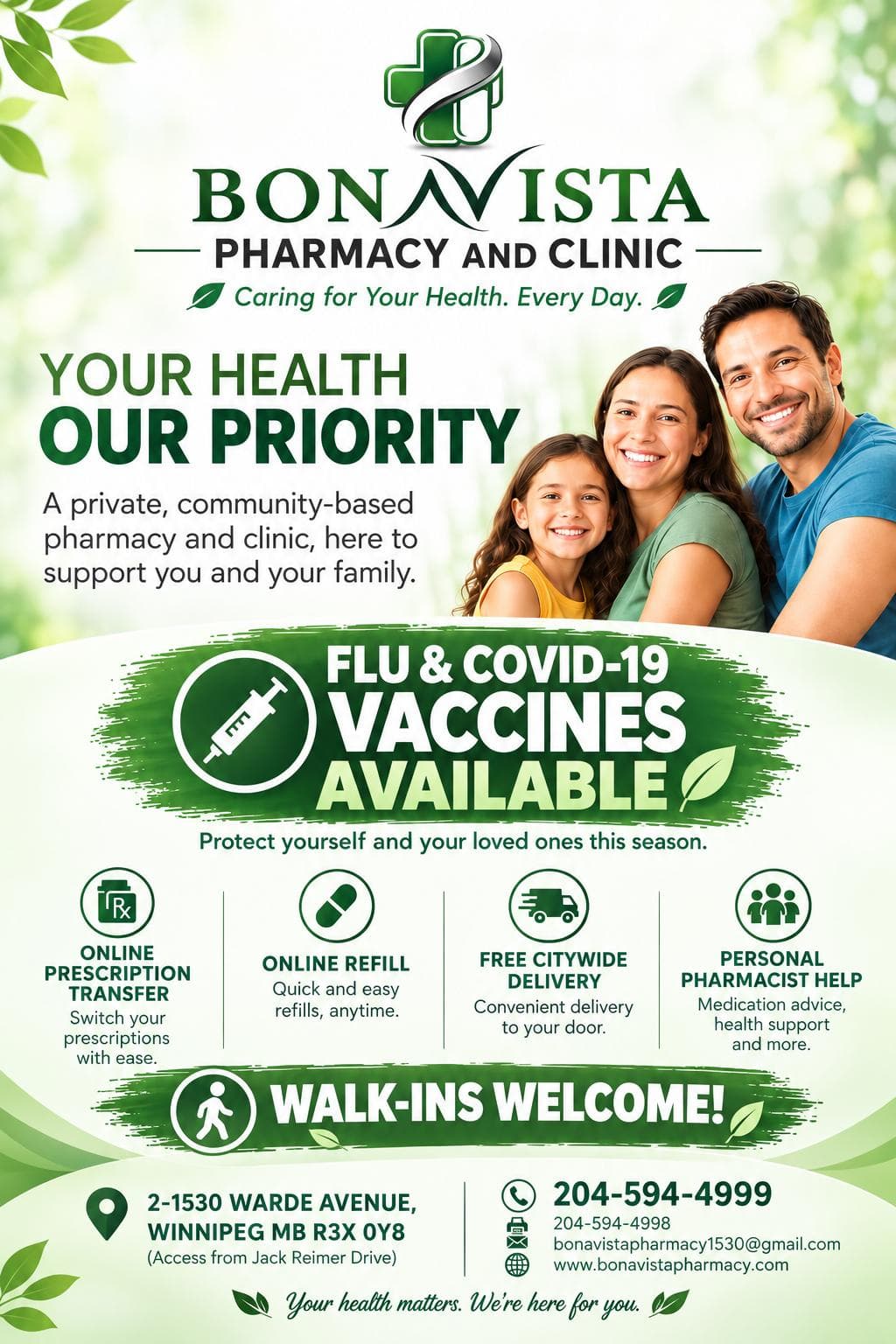 Bonavista Pharmacy Flu and COVID-19 vaccines available campaign flyer